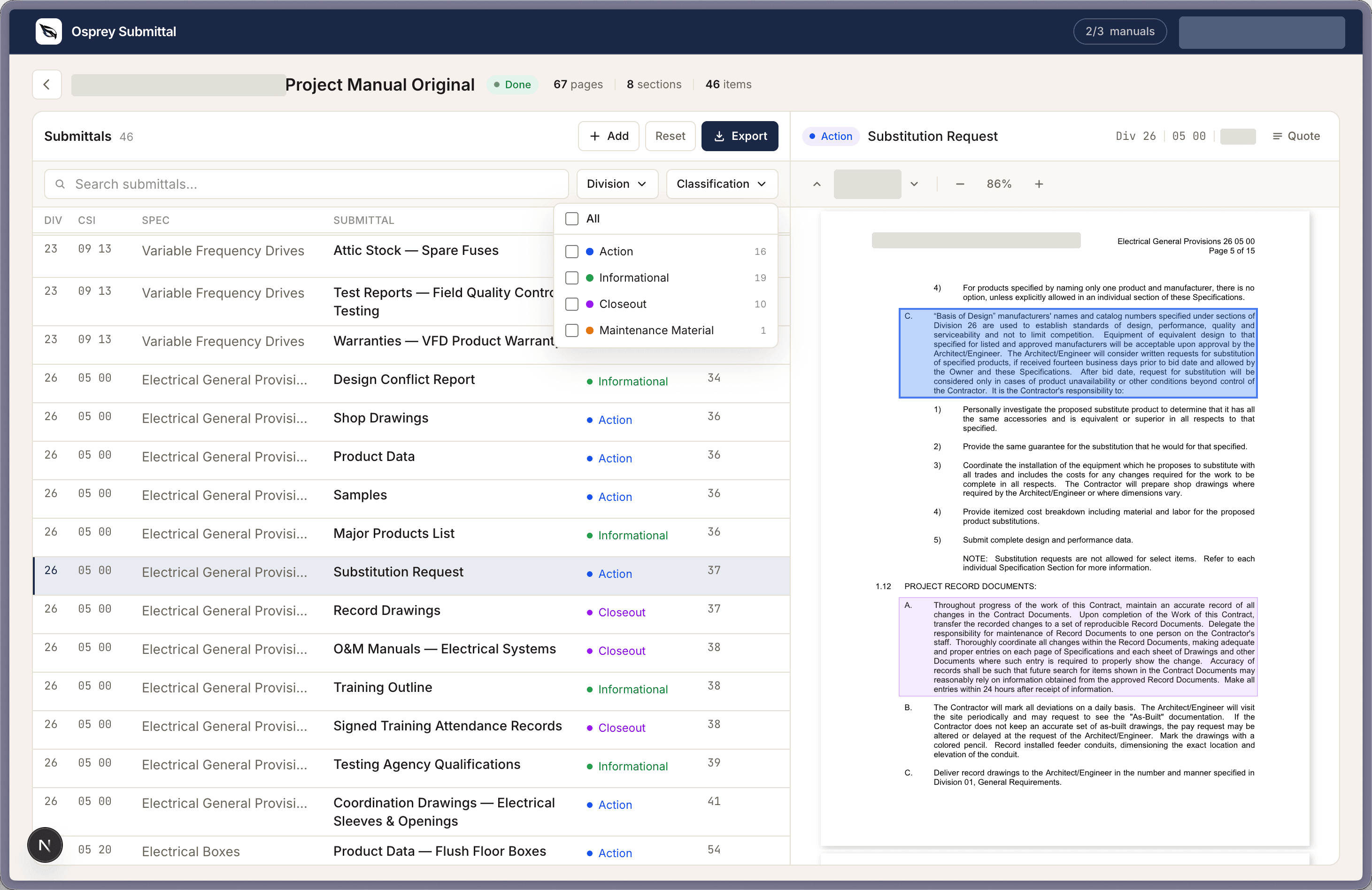 Osprey Submittal — split-screen review with the submittal register and source highlighting